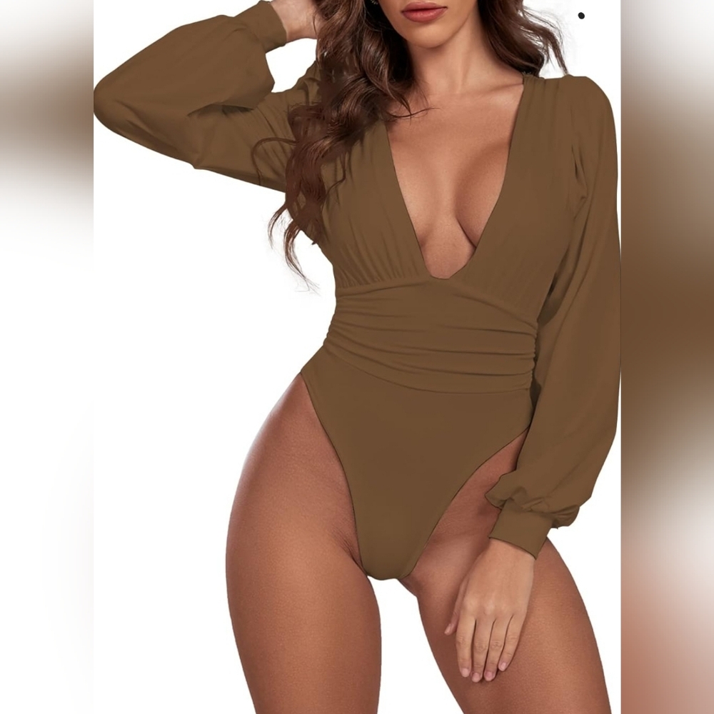 💰⏳️Umenlele Plunging V Neck Ruched Pleated Sleeve Top Leotard Bodysuit NWOT XL